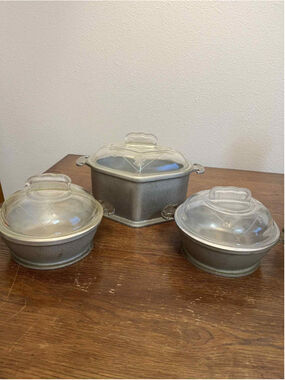 Guardian Service 3 Pc Casserole Lot Etched Glass Lids Round Triangular Hammered